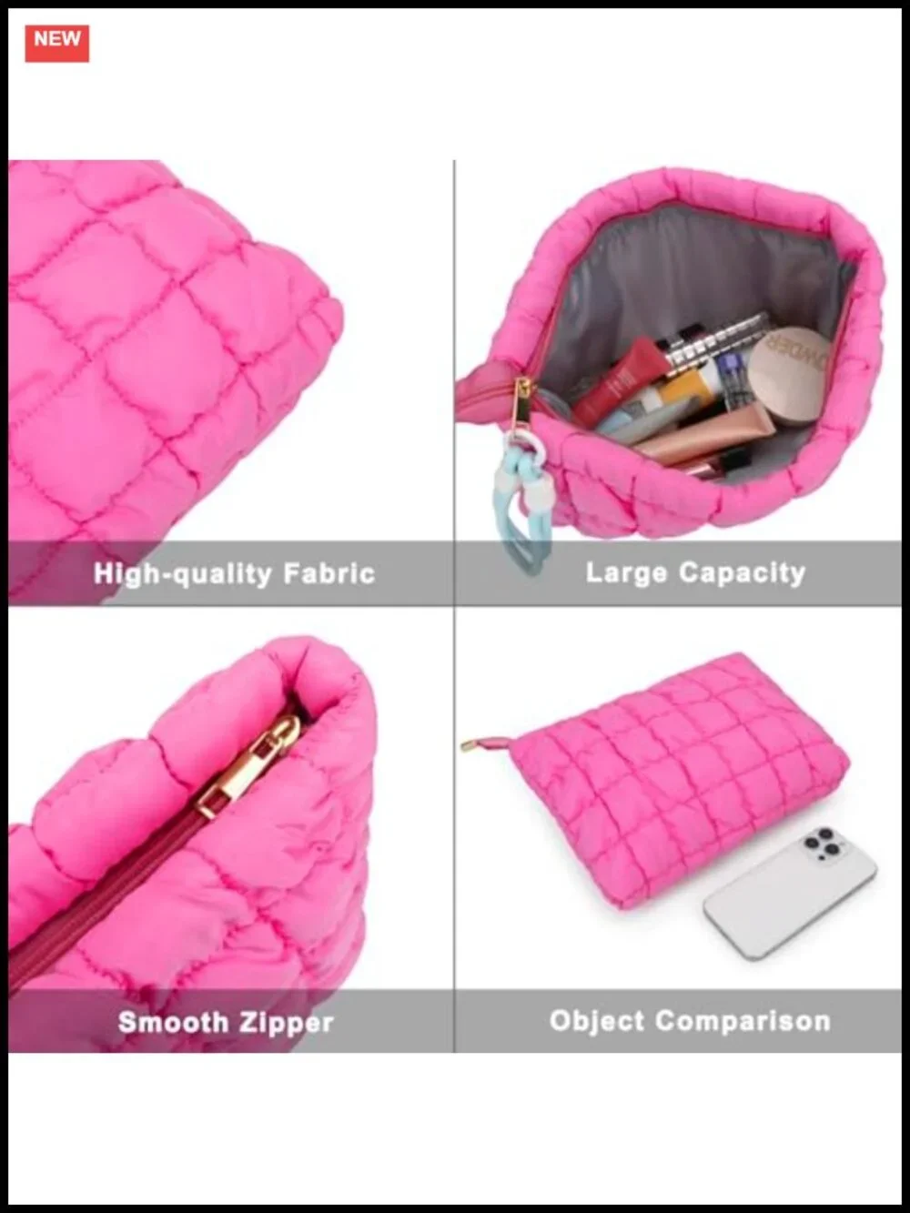 Puffer Quilted Makeup Bag with Handle, Puffy Cotton Cosmetic Pouch, Travel